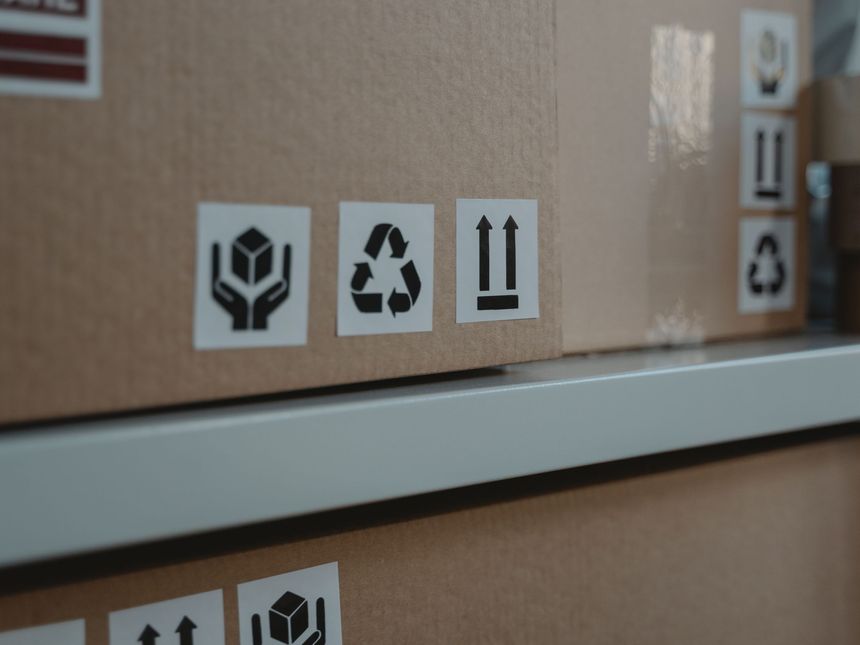Kartonverpackungen mit Recycling- und Handling-Symbolen im Regal