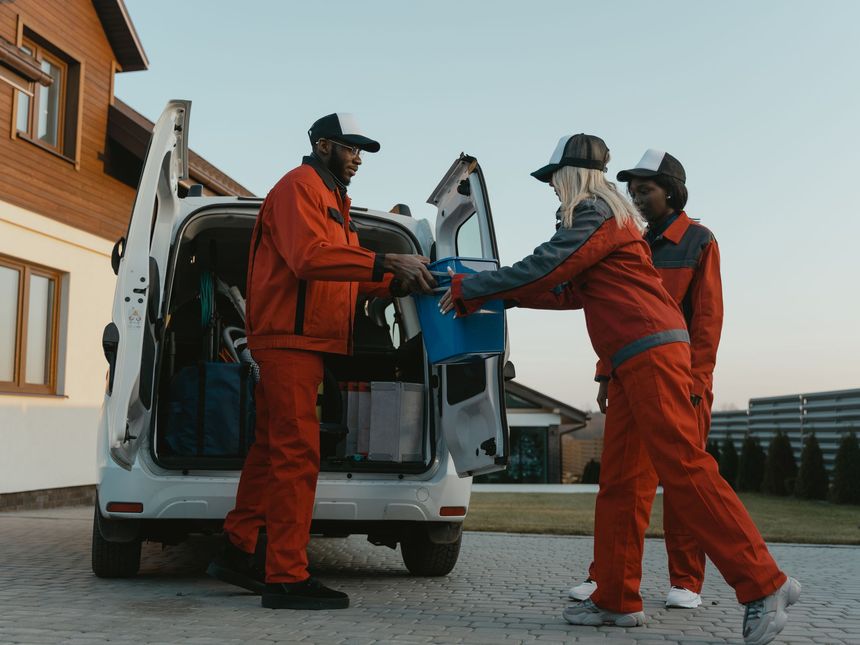 Umzugsteam bespricht den Ablauf vor einem Transporter